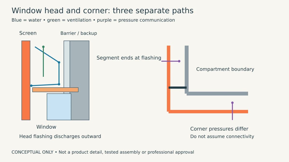 Conceptual window-head and corner diagram distinguishing water drainage, ventilation and pressure communication