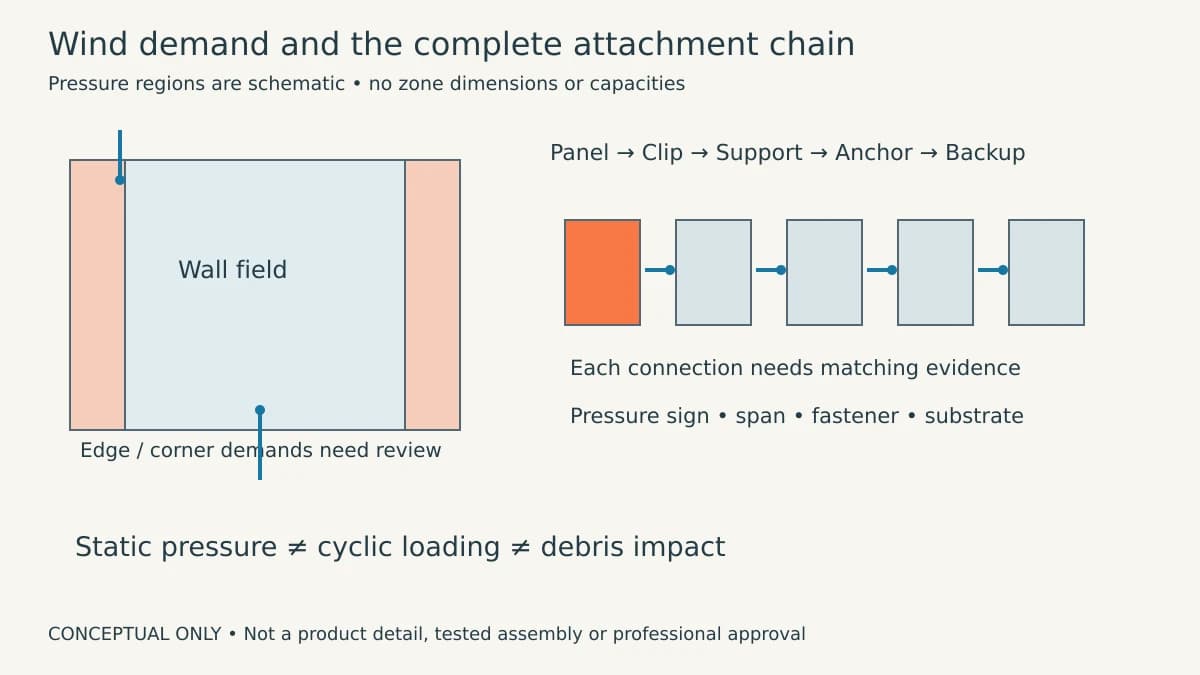 Symbolic elevation pressure regions and load path from panel through clip, support, anchor and backup