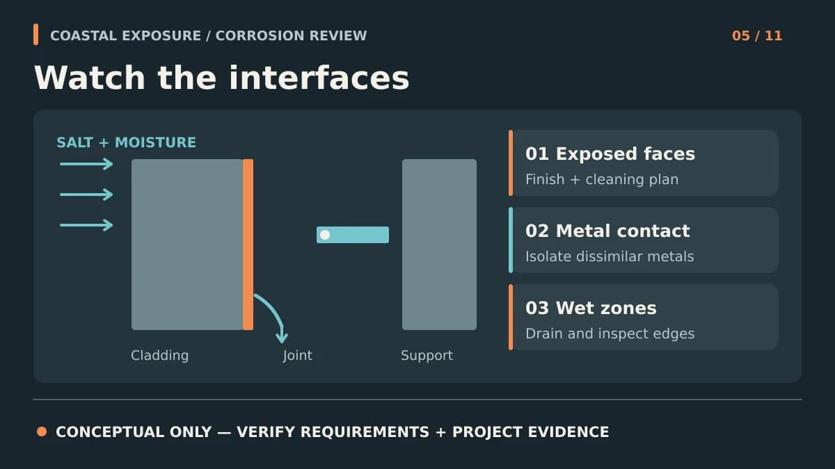 Conceptual coastal corrosion review diagram showing cladding, a joint, support, and exposure checks