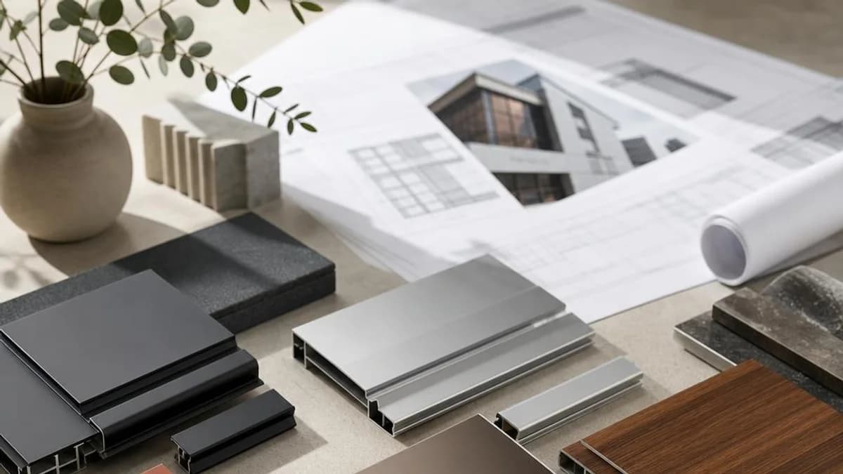 Architectural aluminum finish samples in powder-coated, anodized, and wood-look options