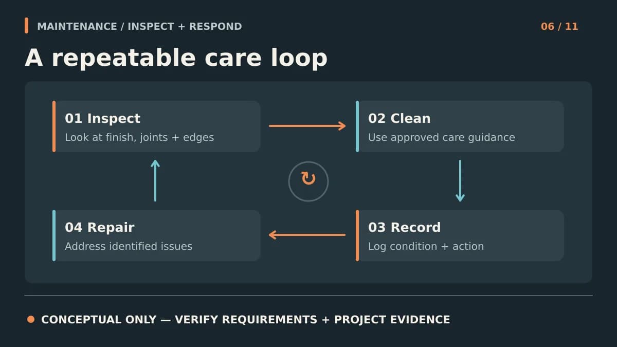 Conceptual maintenance loop for inspecting, cleaning, recording, and repairing cladding