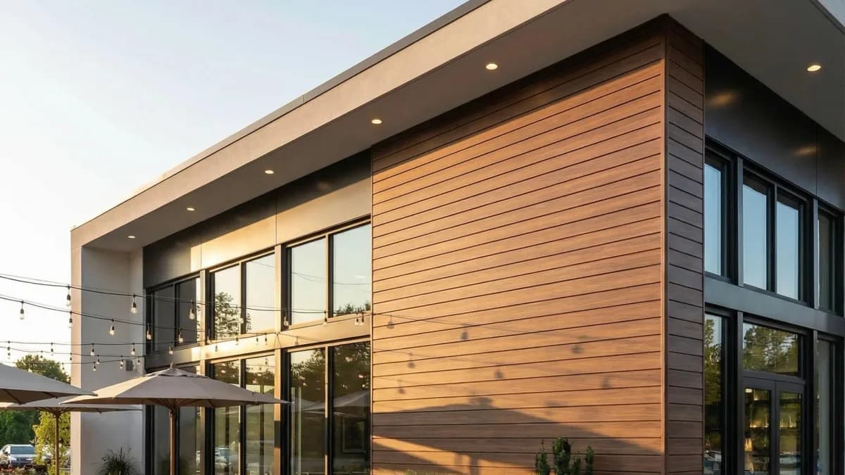 Modern commercial building clad in aluminum façade panels with clean horizontal shadow lines