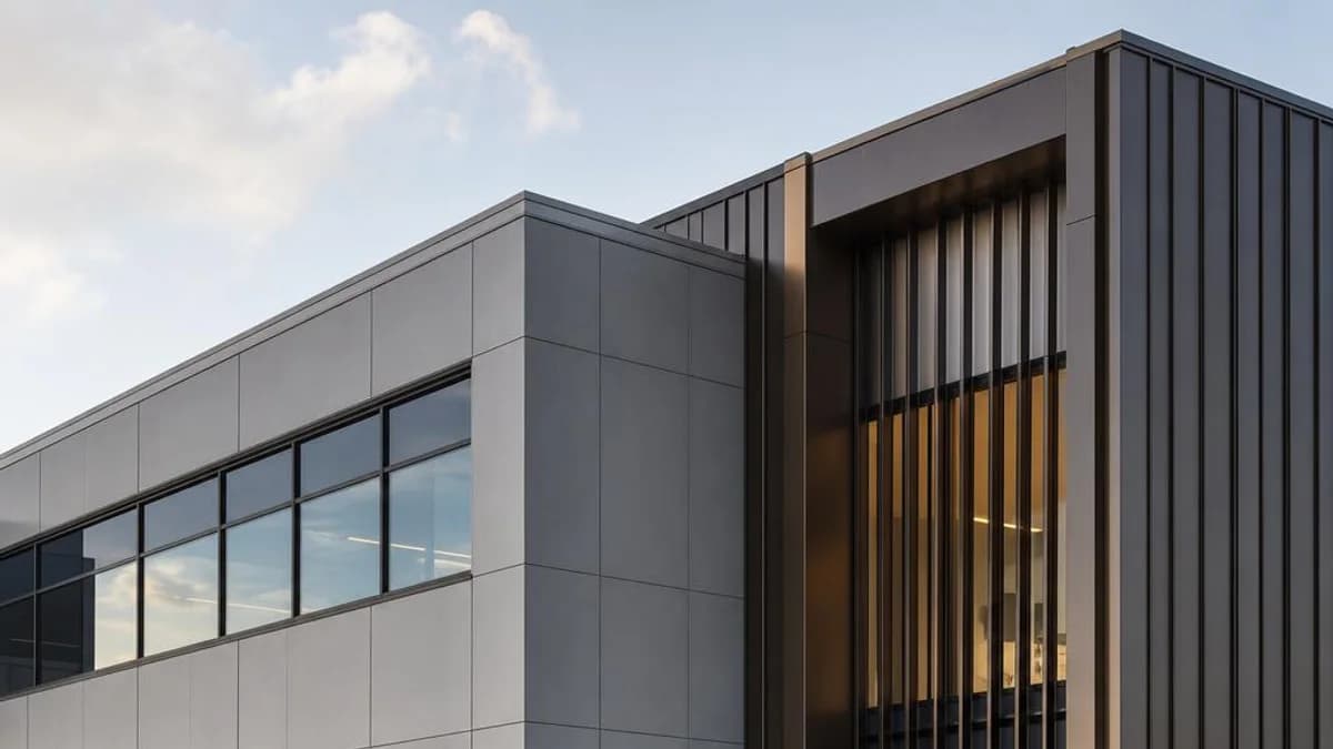 Commercial office building with dark architectural aluminum cladding and defined window bays