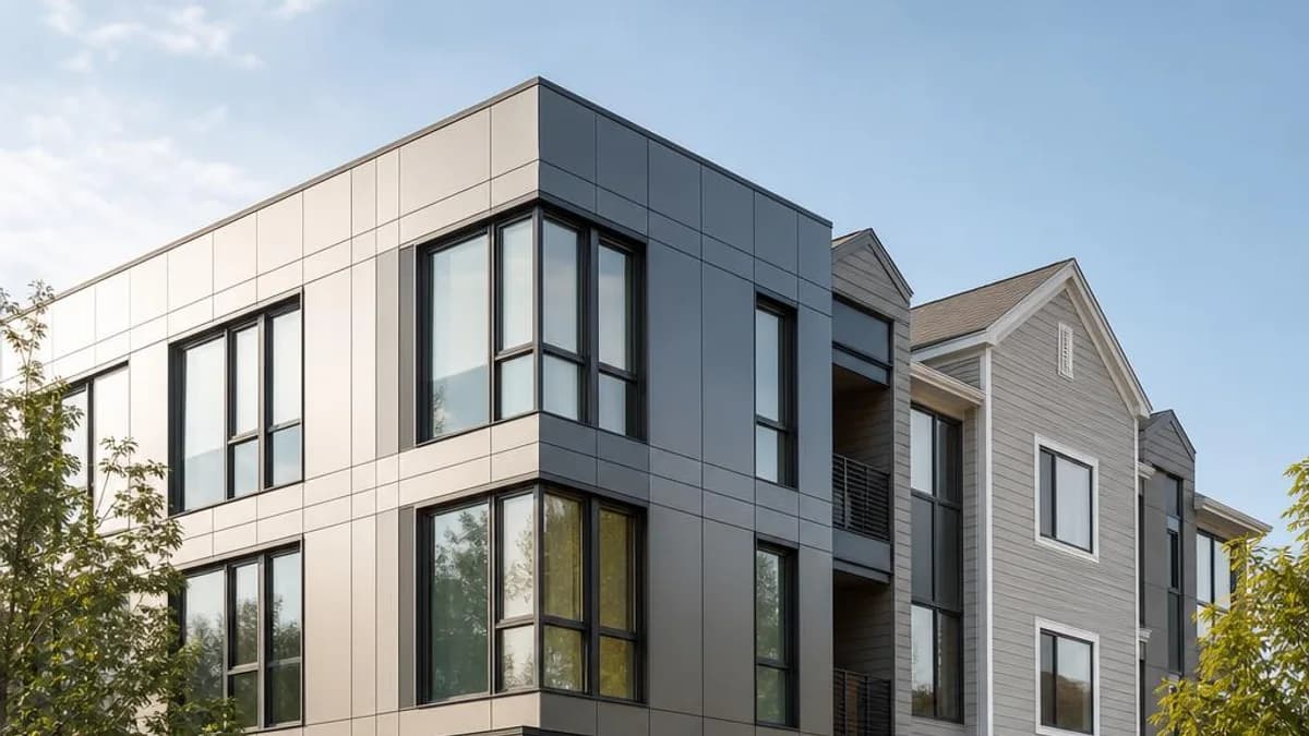 Modern apartment building with vertically oriented architectural aluminum cladding
