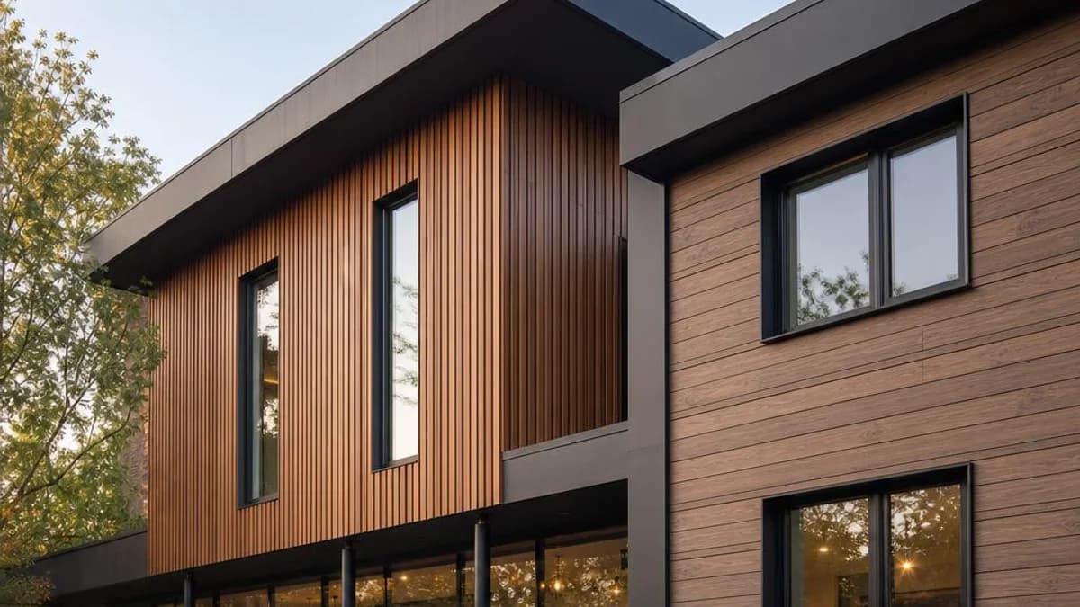 Contemporary facade with warm wood-look aluminum cladding and dark architectural accents