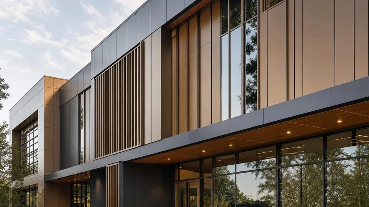 Contemporary commercial facade with coordinated bronze and charcoal aluminum panels, vertical battens, window modules, and canopy soffit
