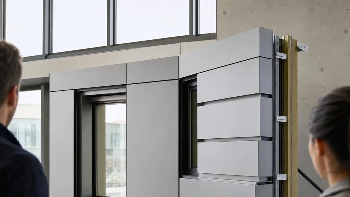 Professionals reviewing a full-scale architectural cladding mockup