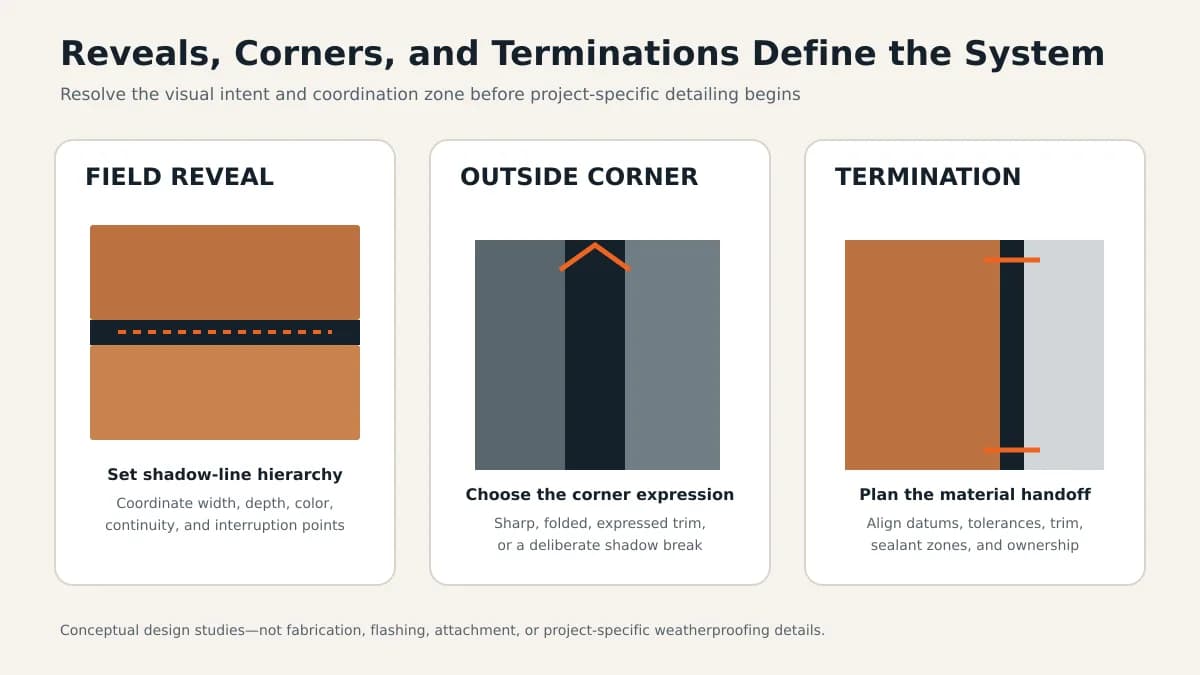 Three-part conceptual diagram comparing a field reveal, outside corner, and material termination in aluminum cladding