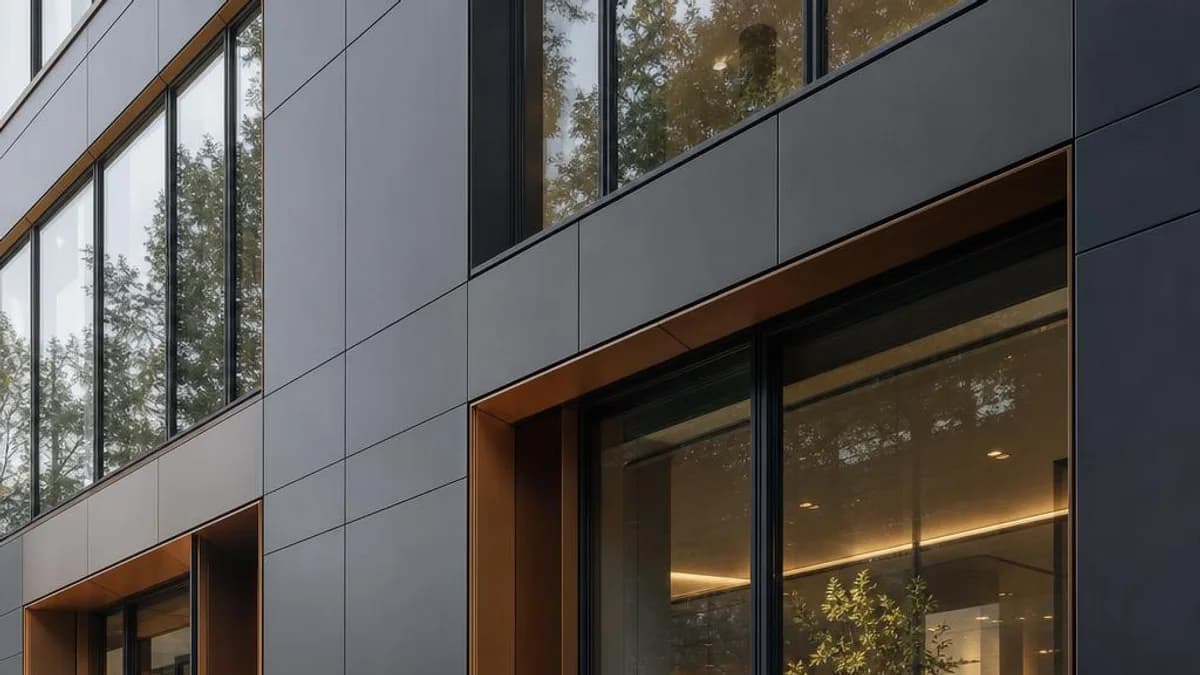 Close-up of a contemporary dark aluminum-clad facade with panel joints aligned around windows and an entry
