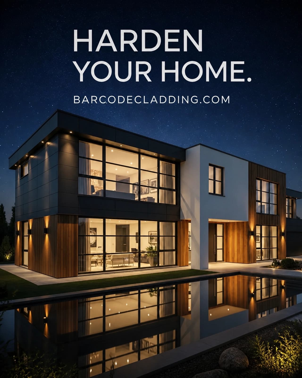 Modern residence at night showing hardened aluminum cladding façade