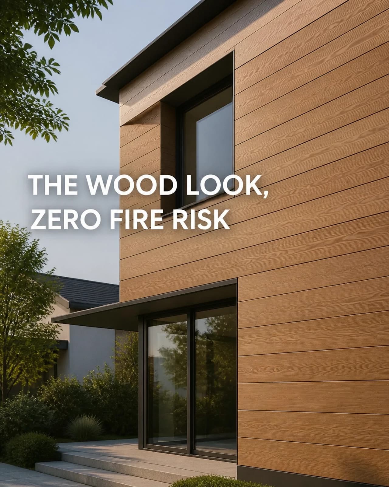 Wood-look aluminum cladding on modern residence showing zero fire risk aesthetic