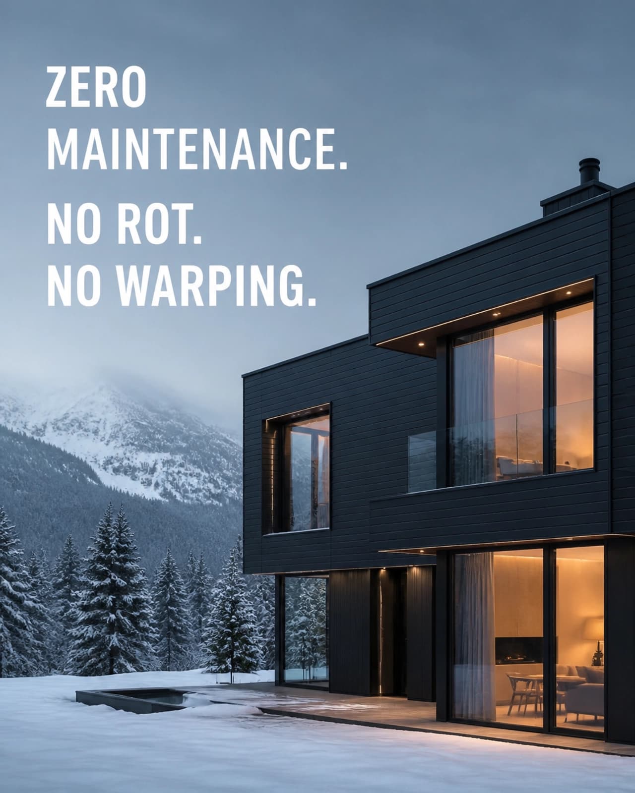 Modern mountain residence clad in black aluminum panels surrounded by snow — zero maintenance in extreme climate