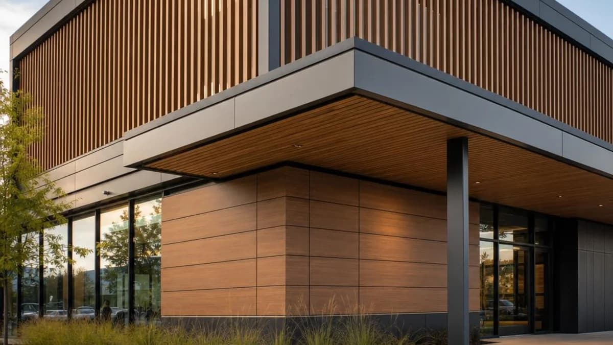 Contemporary building combining warm wood-look wall panels, vertical battens, and a matching canopy soffit