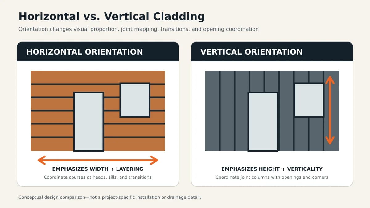 Labeled diagram comparing horizontal and vertical aluminum cladding orientation