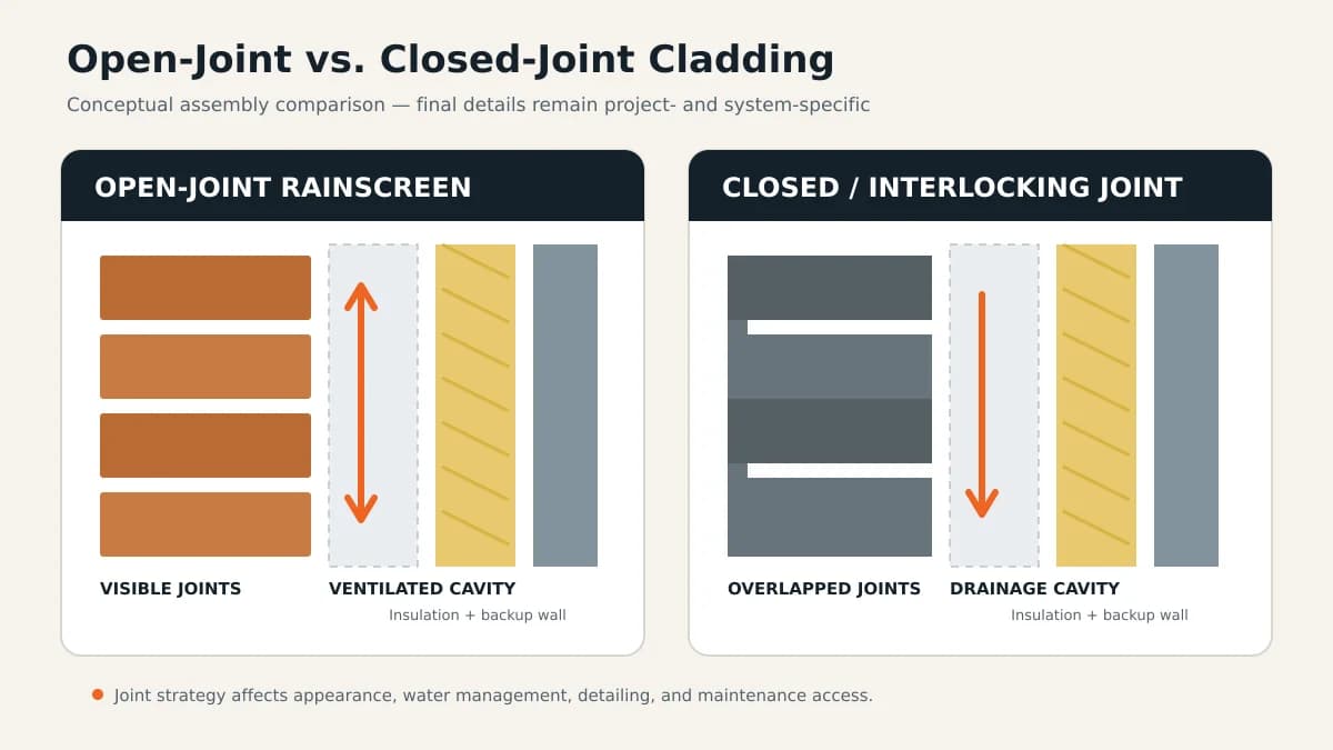 Labeled editorial comparison of open-joint and closed-joint rainscreen assemblies showing visible gaps, concealed joints, and drainage cavities