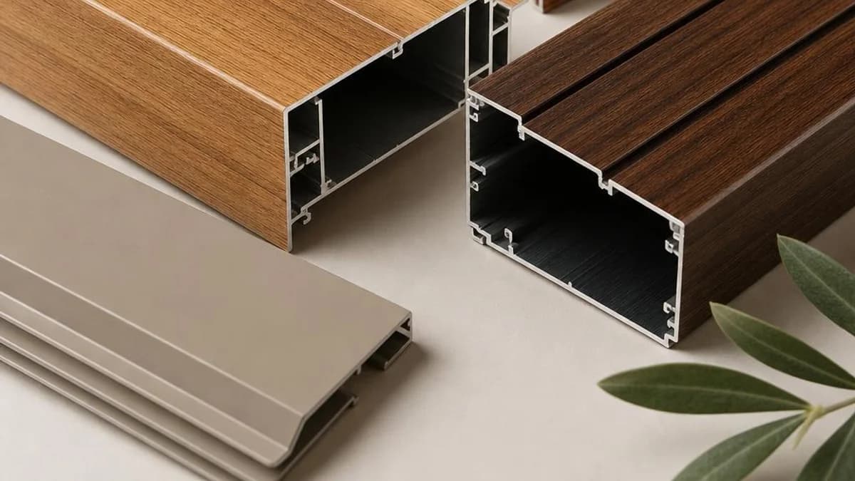 Wood-look aluminum cladding samples showing grain pattern and color variation