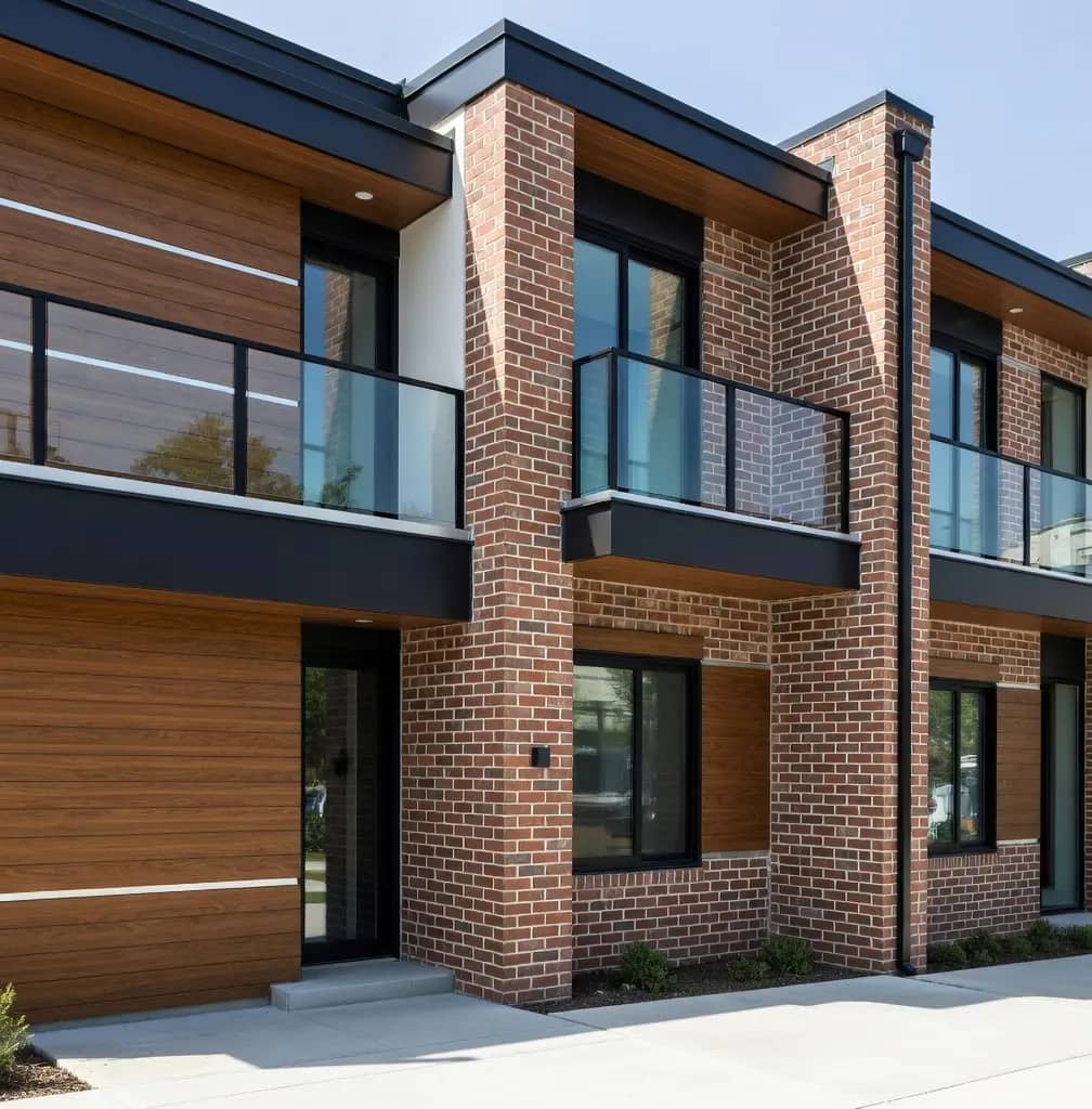 Close-up of brick and aluminum cladding exterior details
