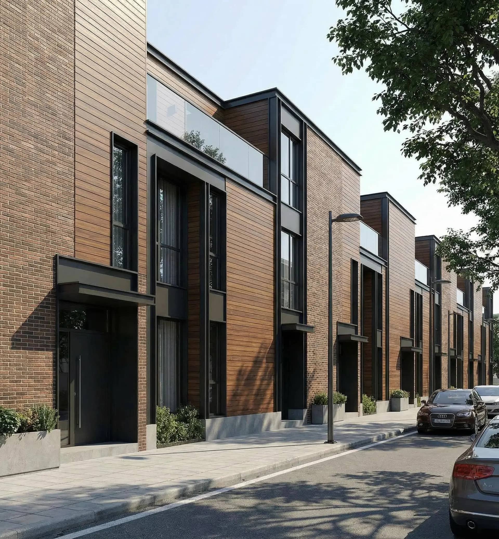 Brick and wood row homes with aluminum cladding
