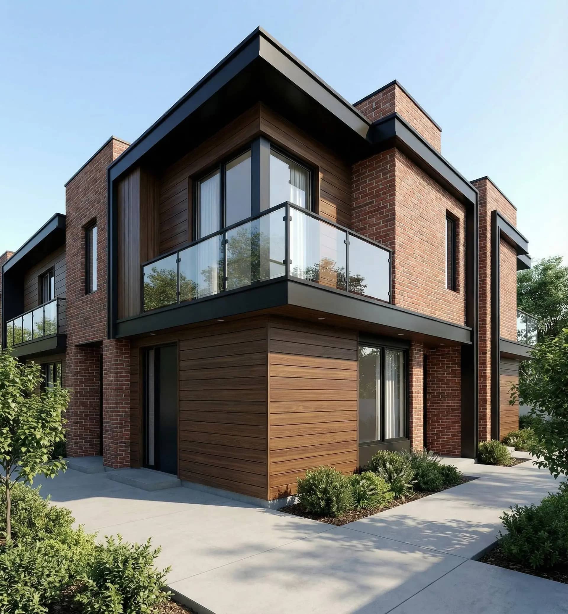 Brick and wood townhome with aluminum cladding