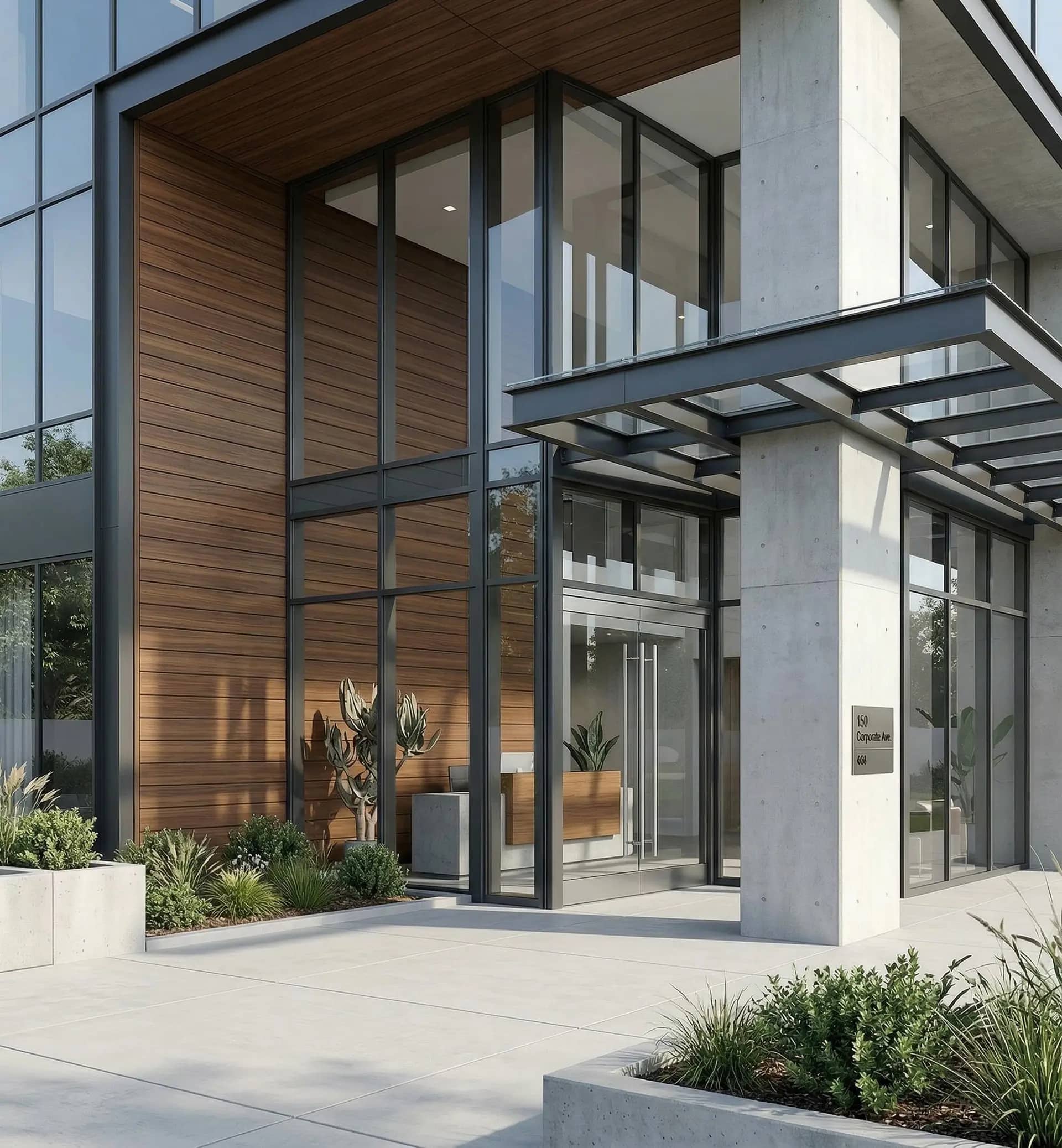 Corporate building entrance with aluminum cladding panels