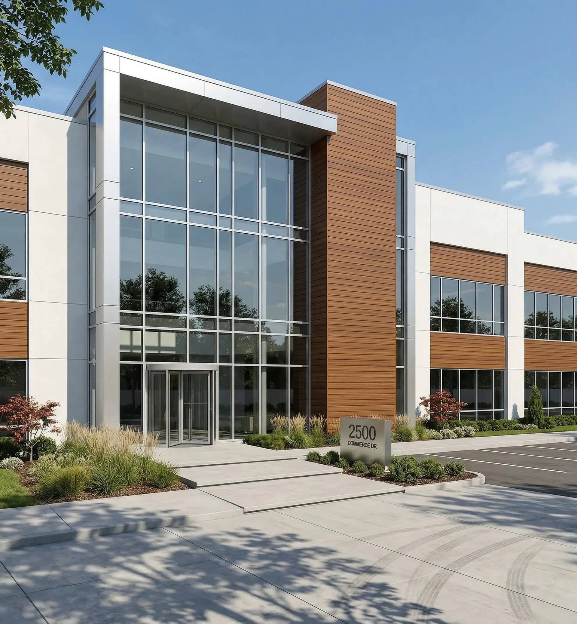 Corporate campus with wood-look aluminum panels