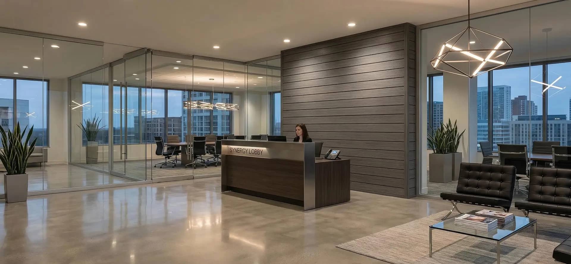 Corporate office lobby with aluminum cladding accents