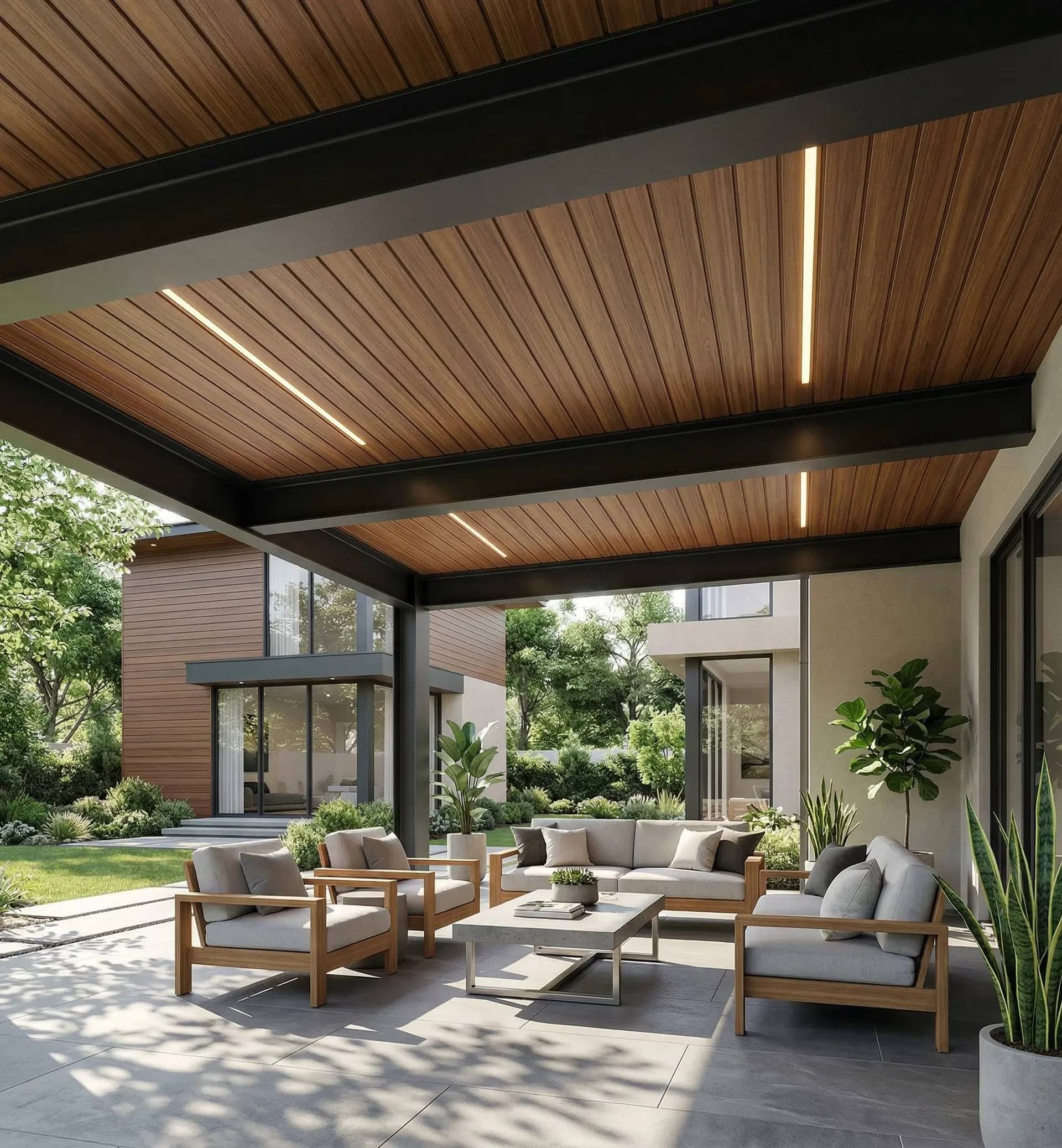 Covered pergola with a wood-look aluminum ceiling