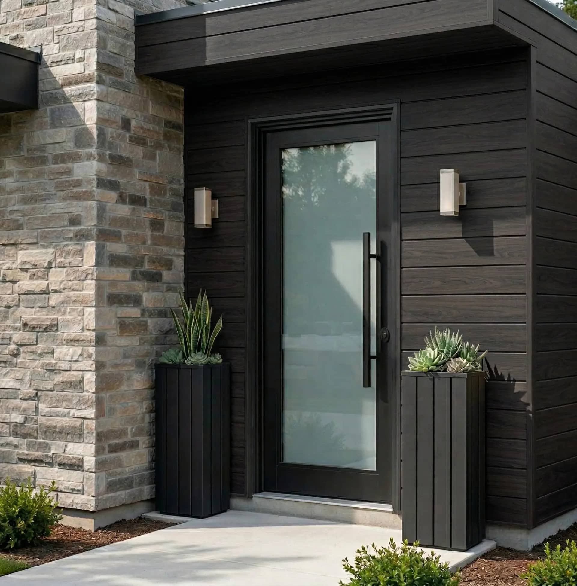Modern entry detail with dark aluminum cladding