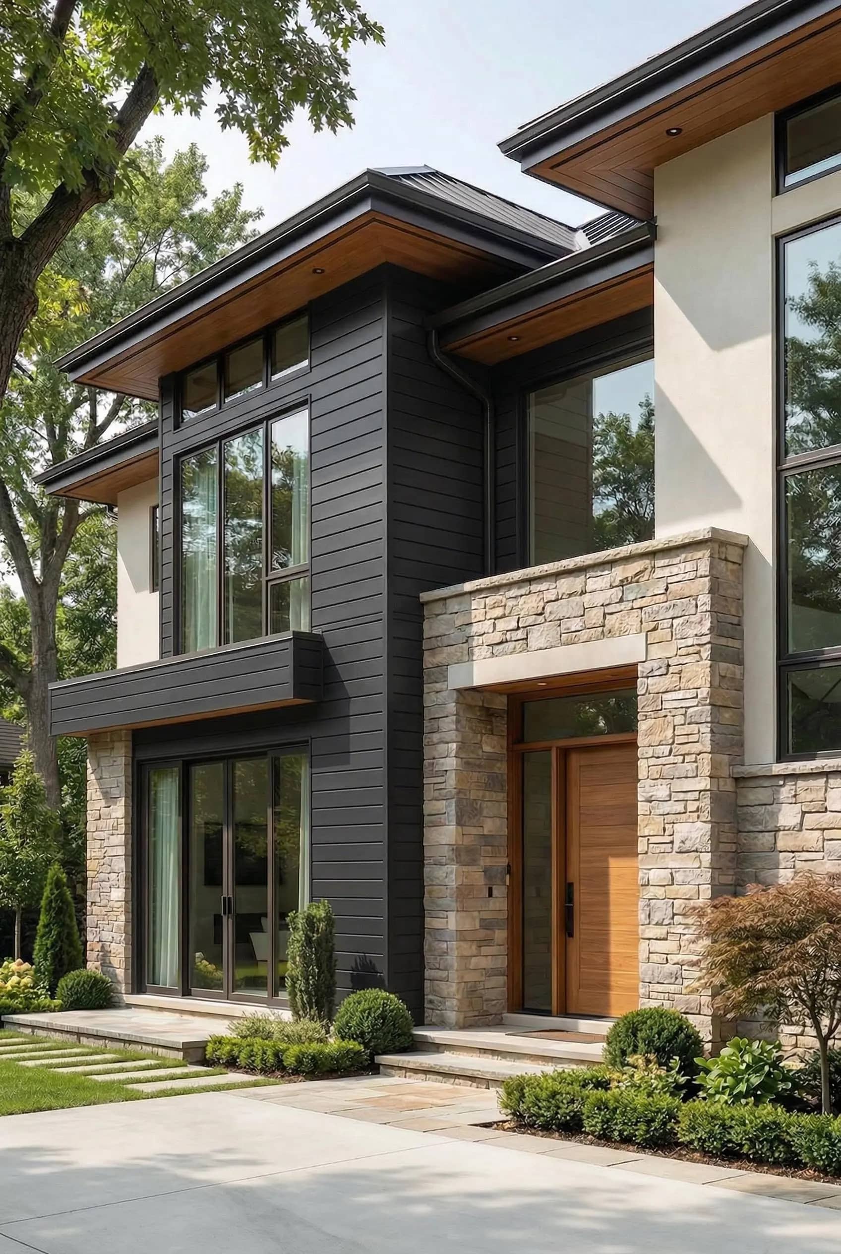 Modern exterior combining dark aluminum cladding and stone