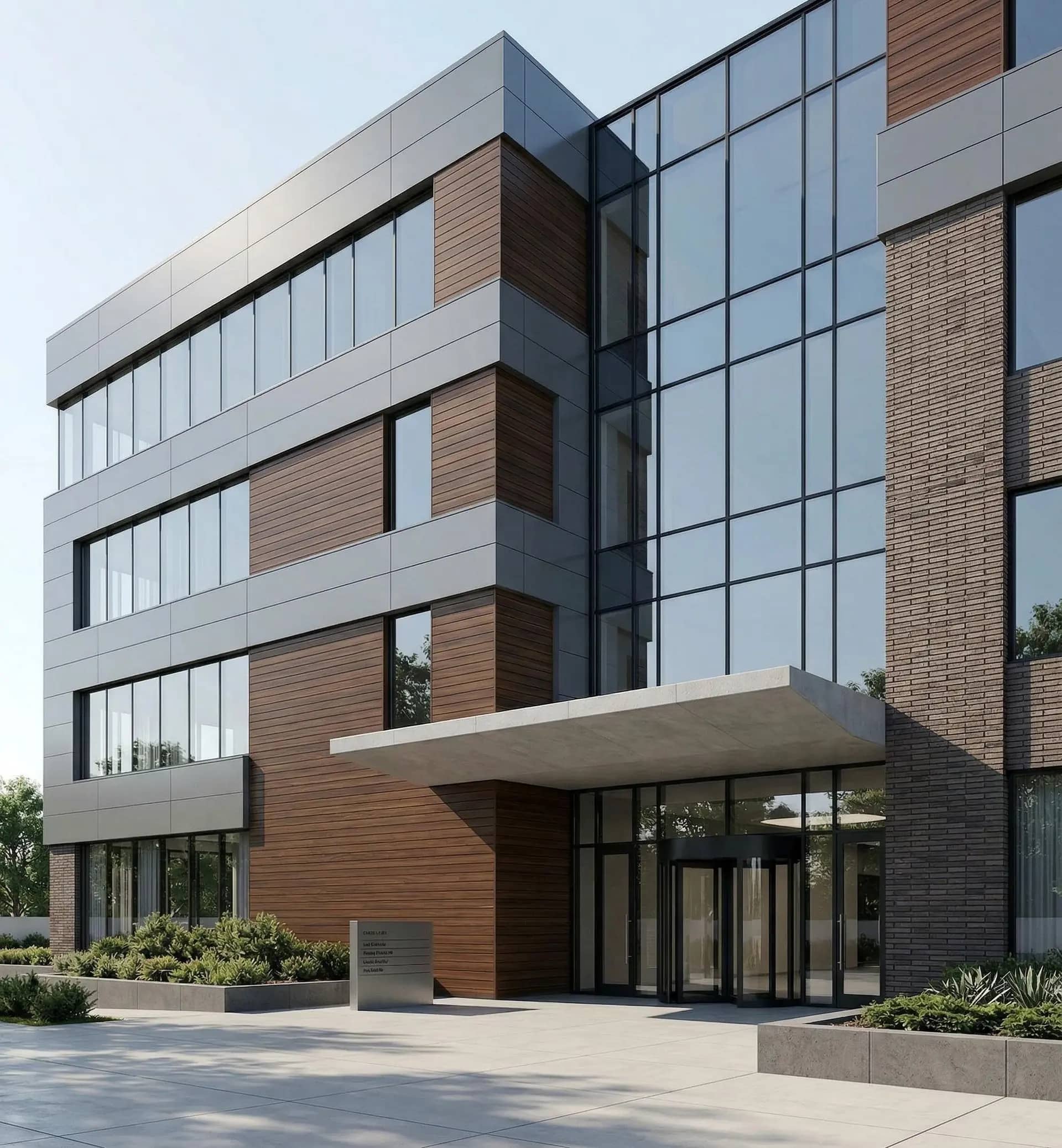 Mixed-material office facade with aluminum cladding