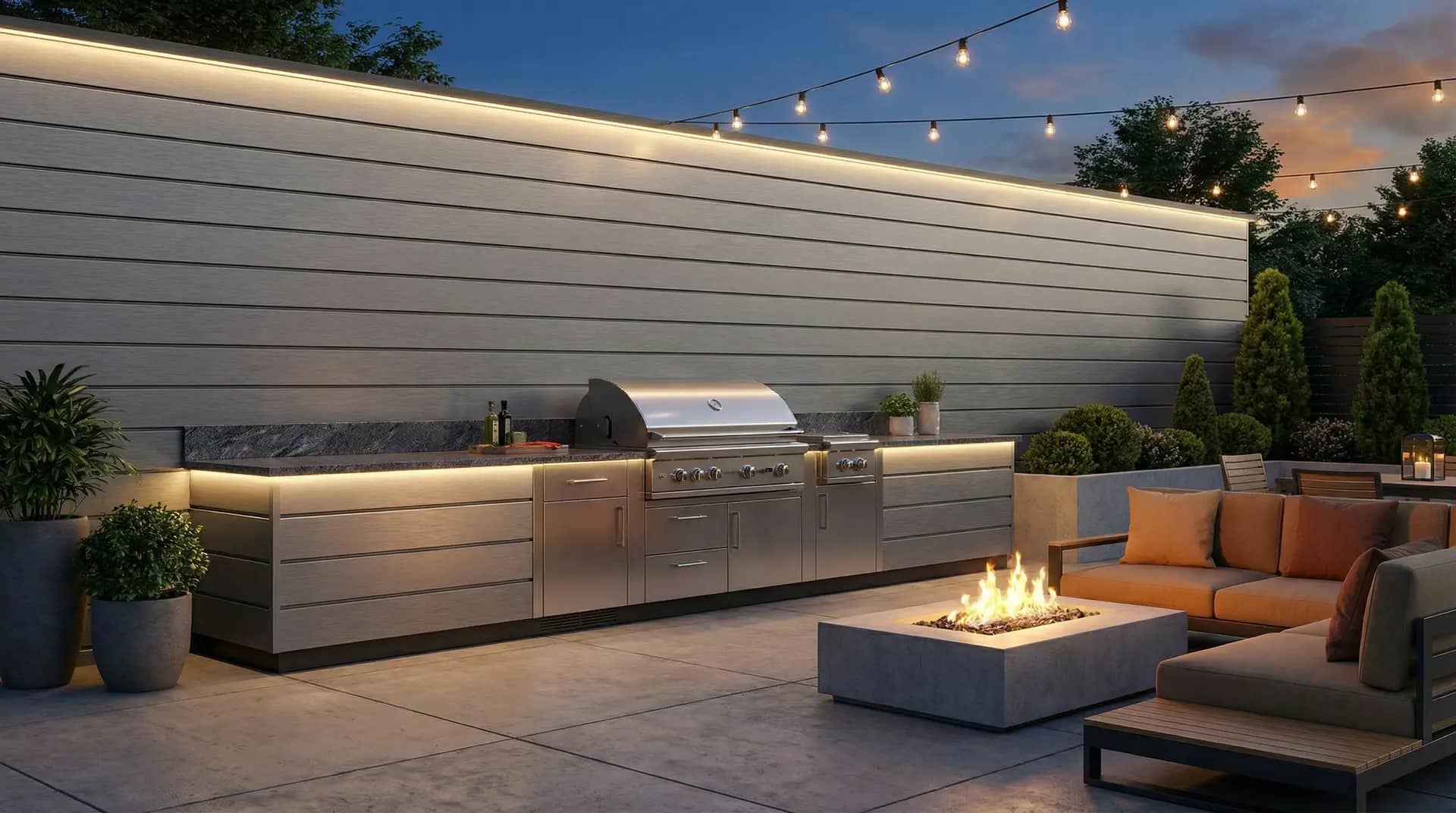 Outdoor kitchen with an aluminum cladding wall