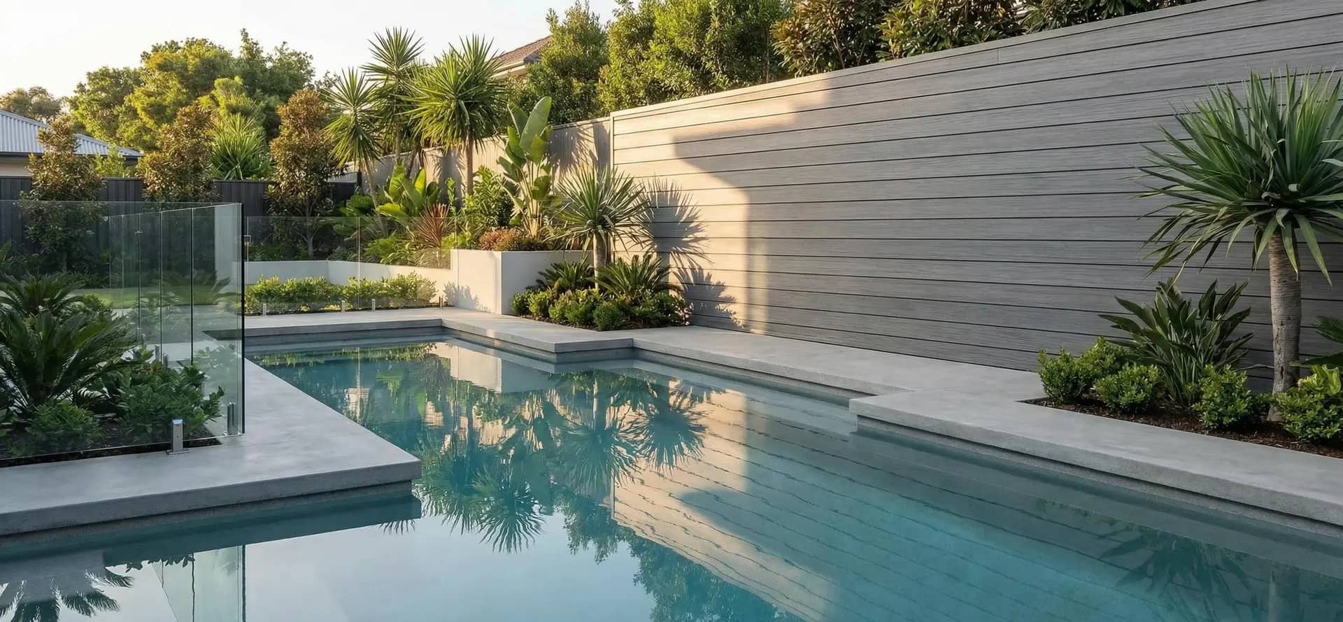 Pool privacy wall finished with aluminum cladding