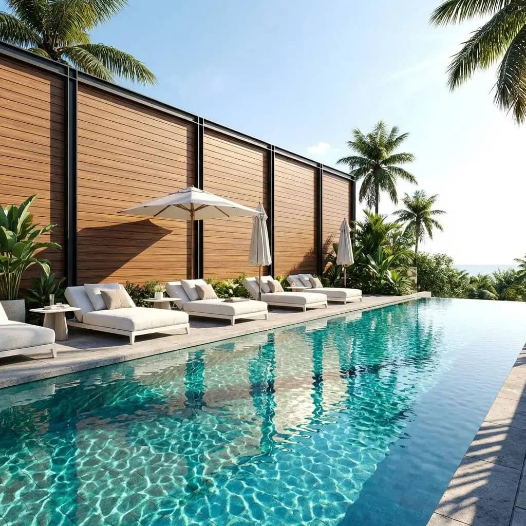 Resort pool area with wood-look aluminum cladding