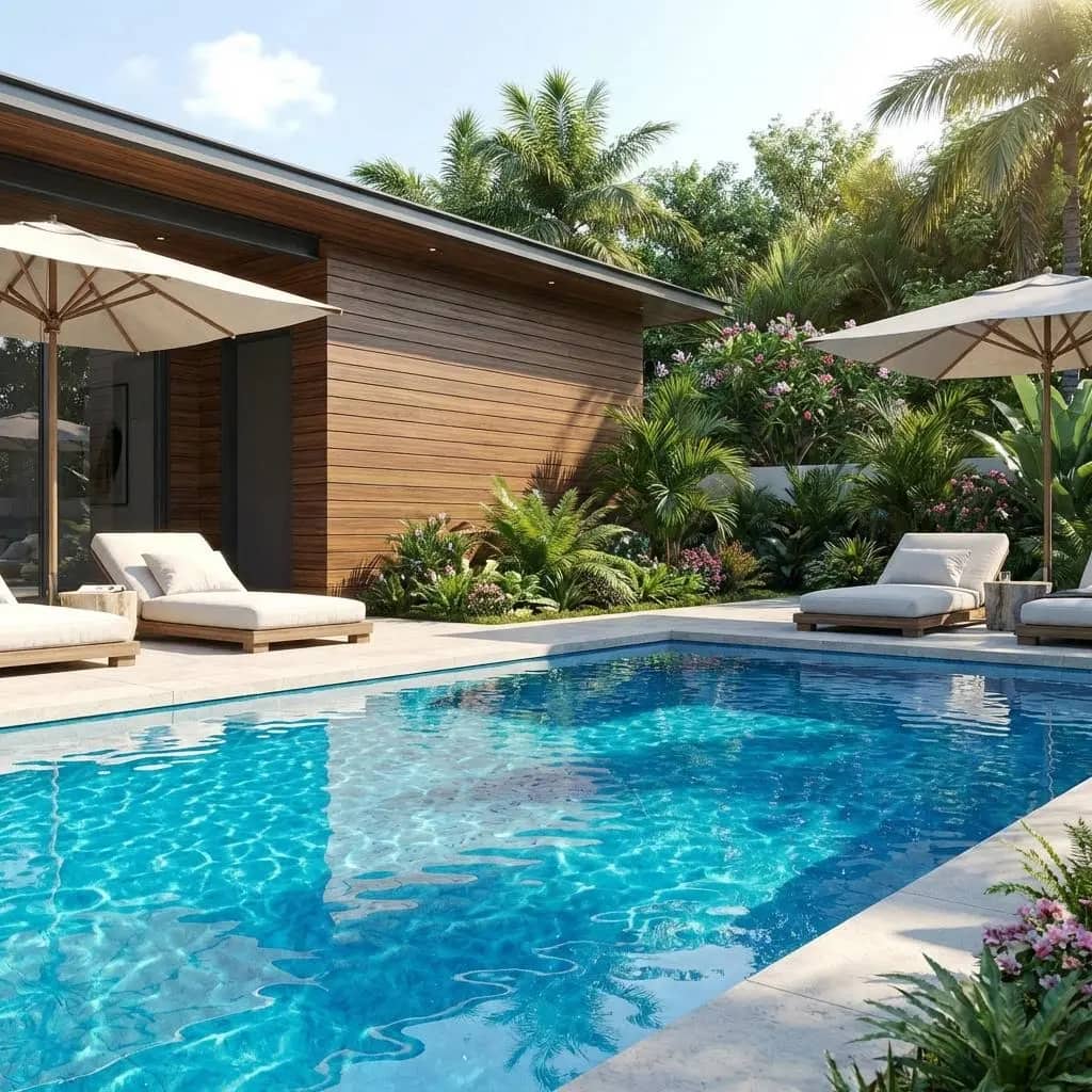 Tropical pool house with aluminum cladding exterior