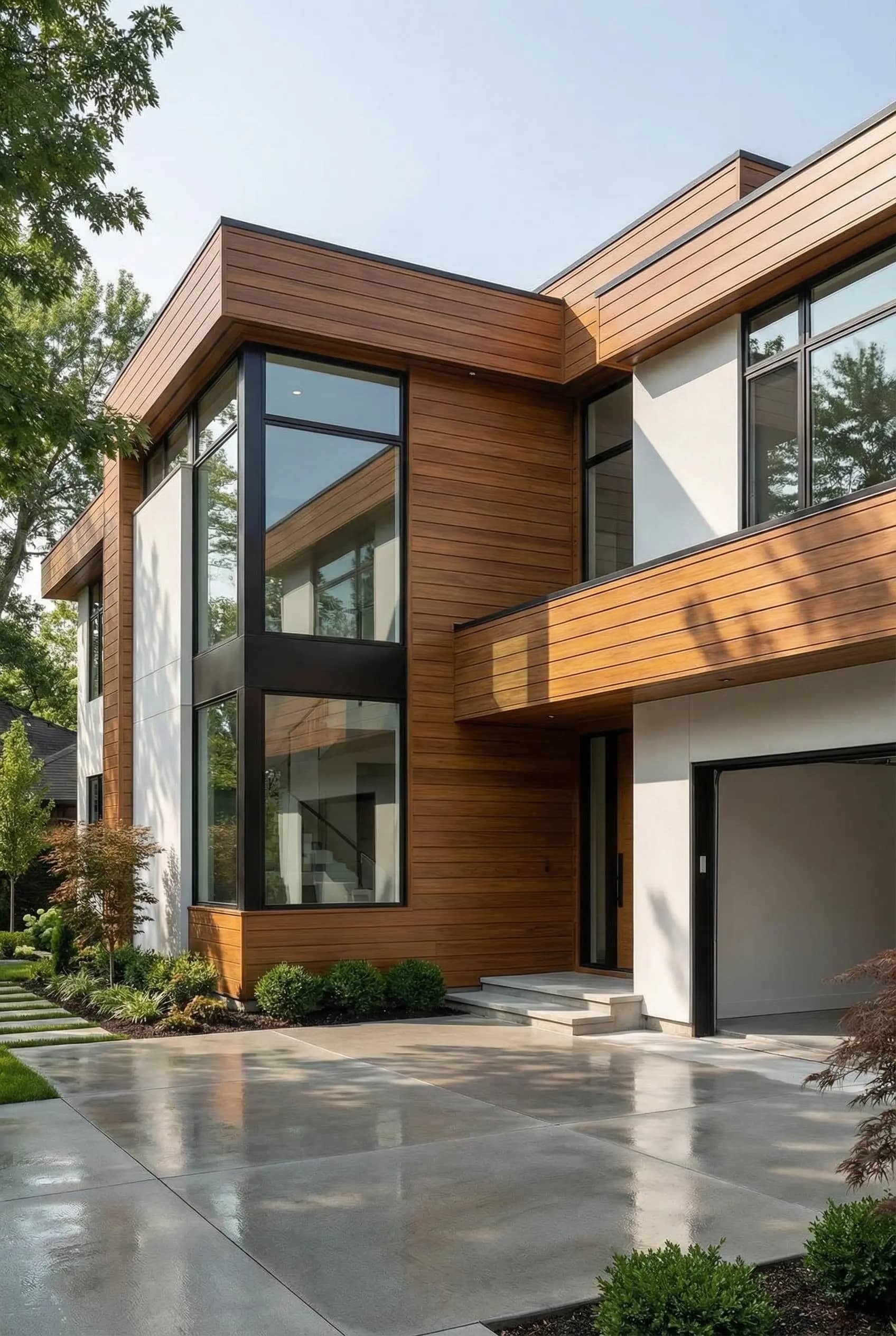 Warm wood-look aluminum facade on a modern residence