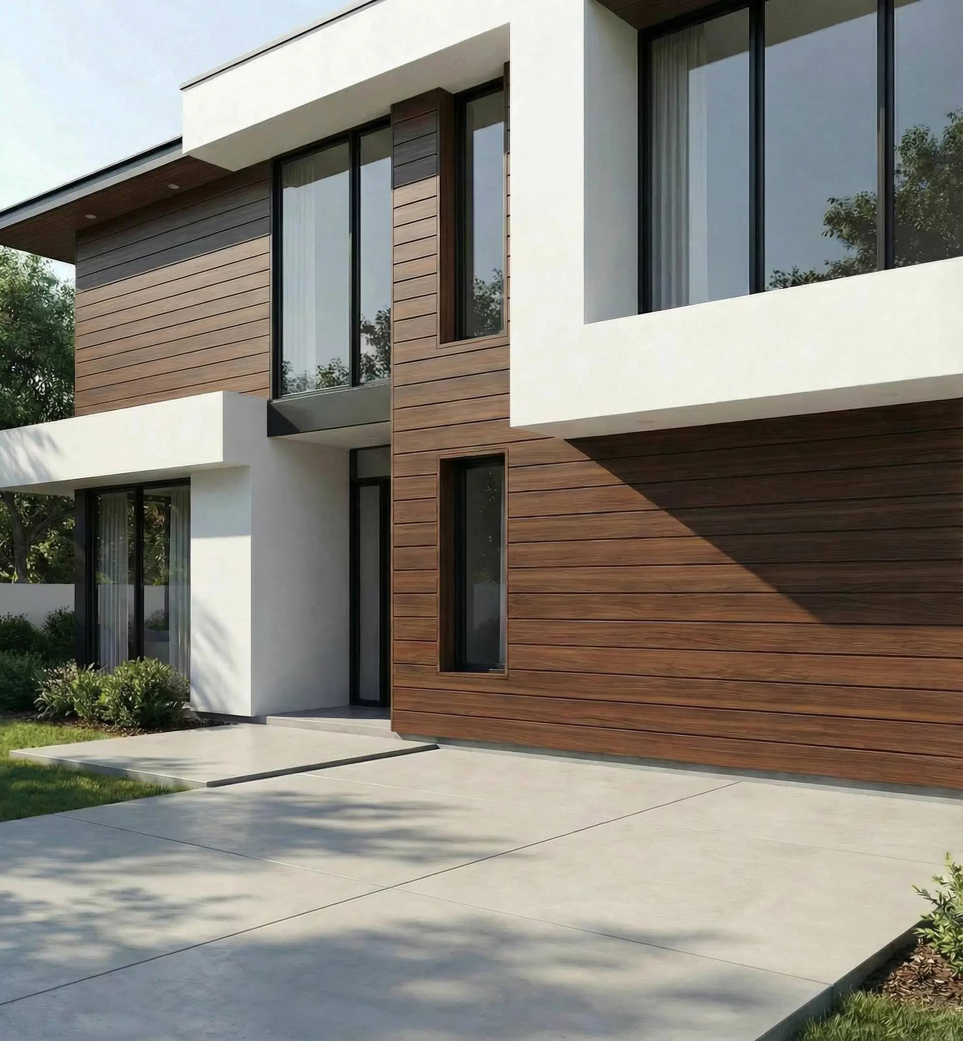 Modern exterior with warm wood-look aluminum cladding