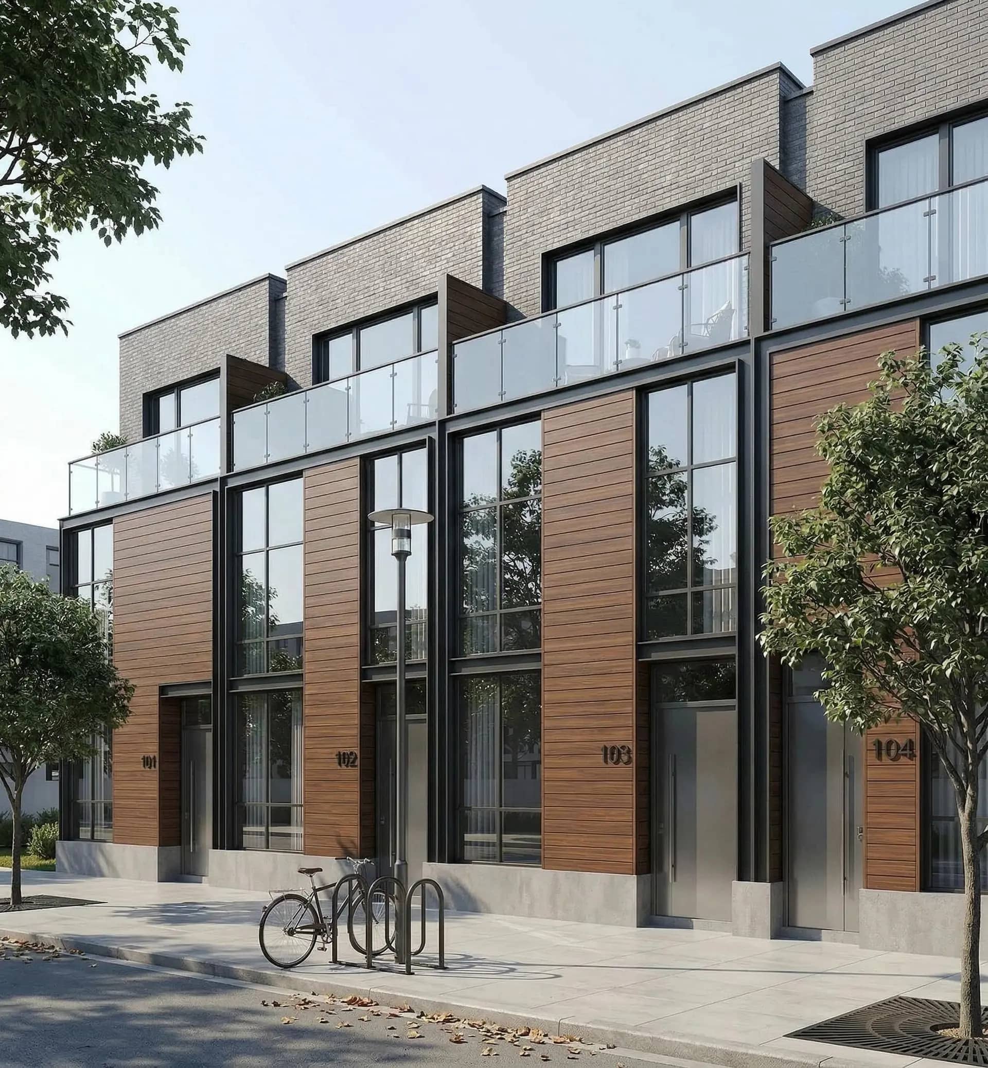 Townhomes with wood-look aluminum cladding